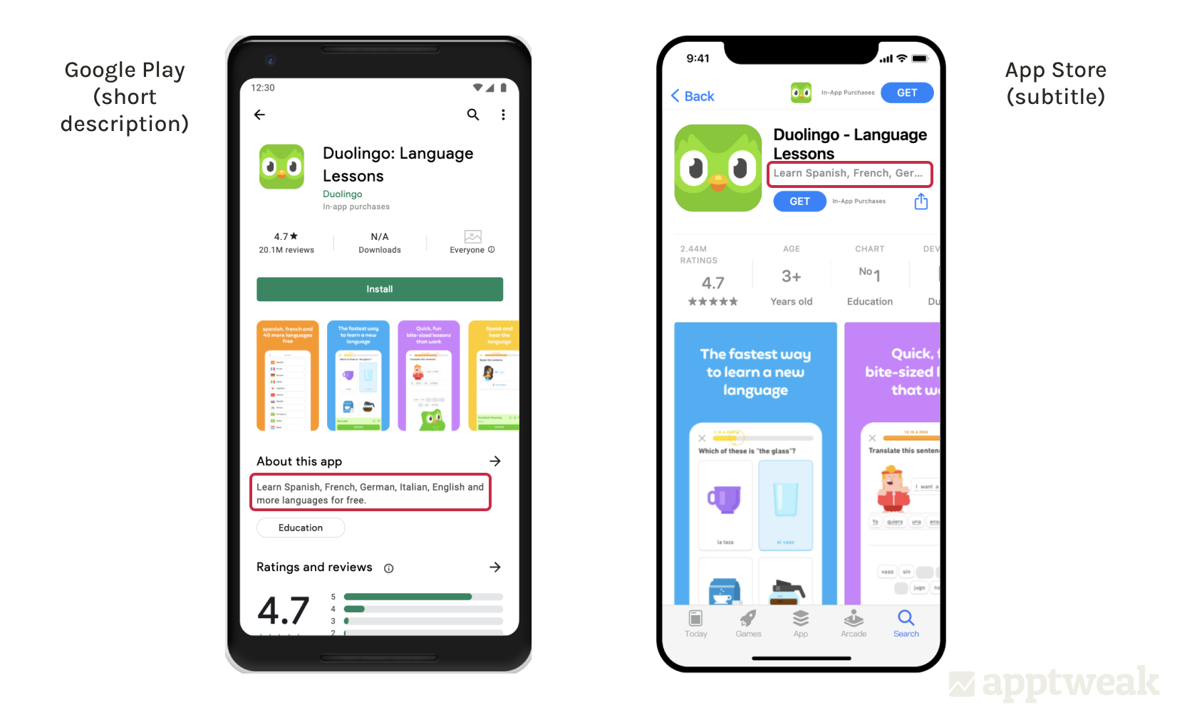 Duolingo’s Google Play short description vs App Store subtitle