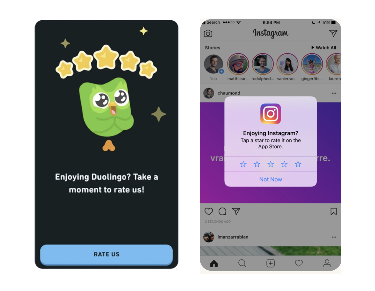 Examples of in-app review prompts: Prompting for a review after a positive milestone ensures a better chance of getting more app reviews