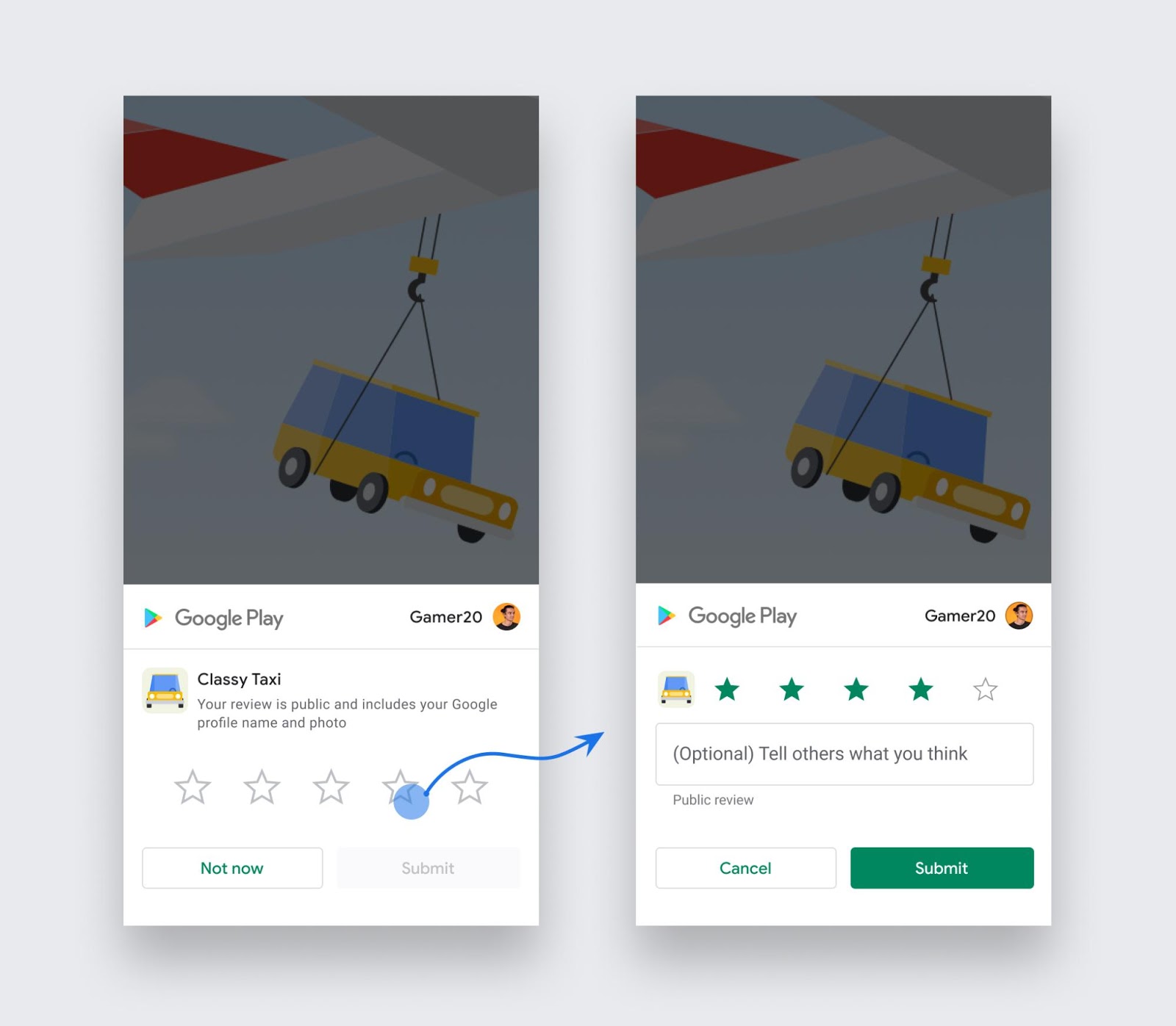 Google Play’s In-App Review API allows developers to prompt users to submit ratings and reviews without leaving the app