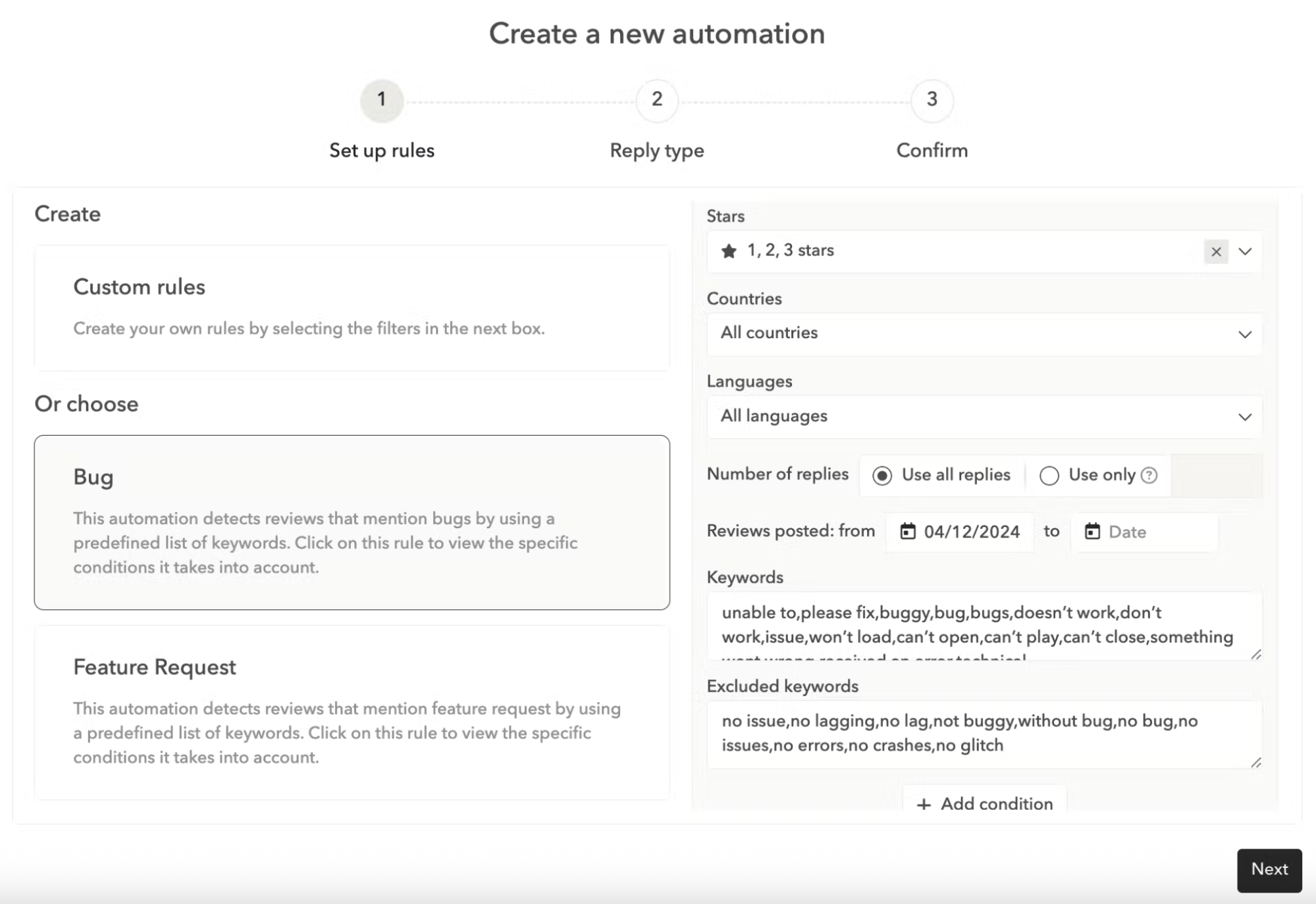 App store reviews automation: Set custom automation rules based on specific criteria to reply instantly to reviews