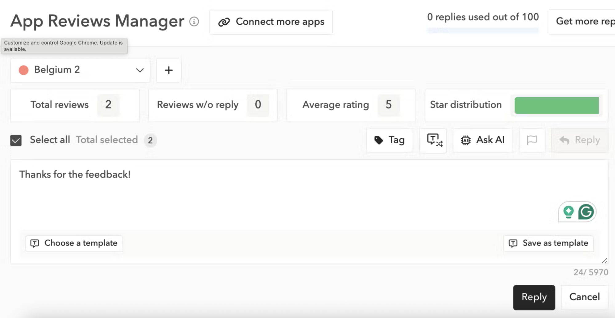 How to get more app store reviews: Reply to app reviews in bulk