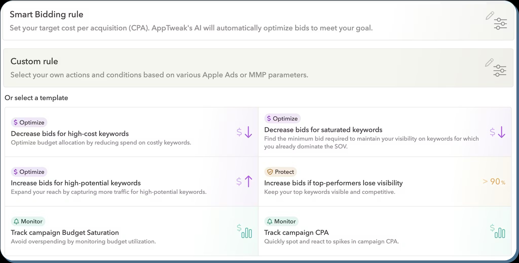 Smart bidding rules for Apple Ads campaigns can be created via AppTweak's Campaign Manager