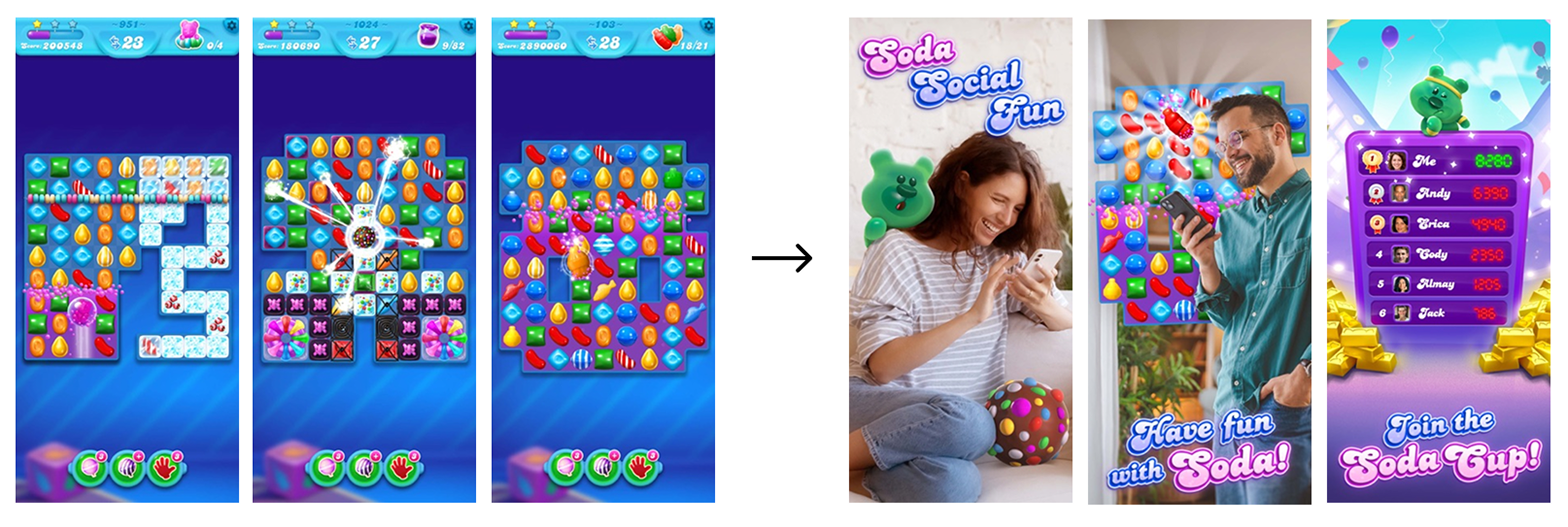 AppTweak ASO and Apple Ads consultants helped King redesign its first three screenshots for the “soda” Custom Product Page for Candy Crush Soda Saga