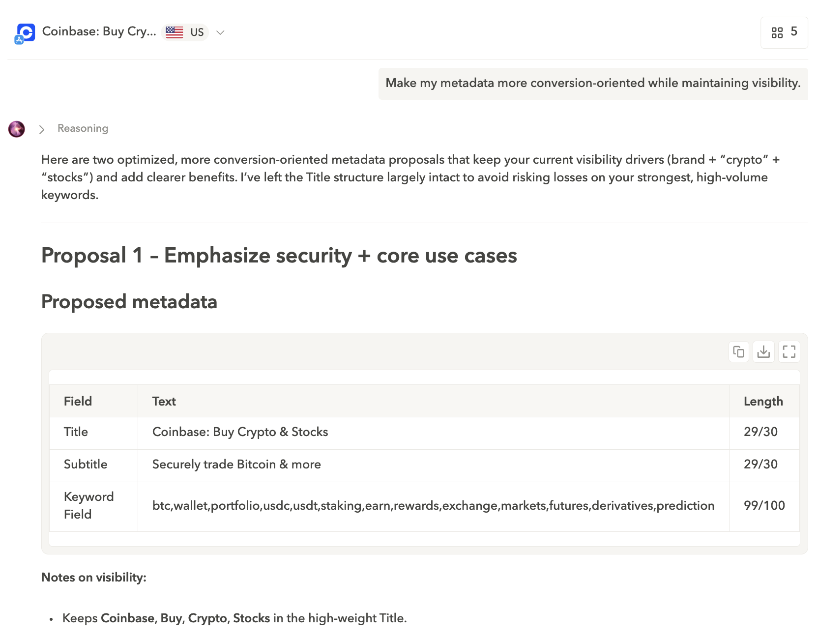 ASO Agent offering two optimized conversion-focused metadata that also keeps the current visibility drivers.